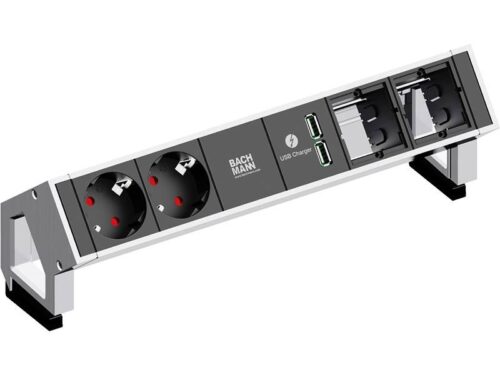 DESK2 listwa zasilająca 5M, 2x 230V(schuko) + 1x ładowarka USB-A podwójna + 2x pusty moduł, kolor biały, Bachmann 902.229