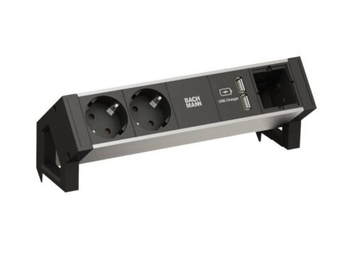 DESK2 listwa zasilająca 4M, 2x 230V + 1x ładowarka USB-A podwójna + 1x pusty moduł, kolor aluminium czarny, Bachmann 937.002