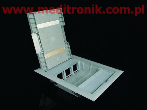 Puszka podłogowa (floorbox) firmy Kopos, przeznaczona do pionowego montażu 6 modułów w w standardzie 45x45mm.