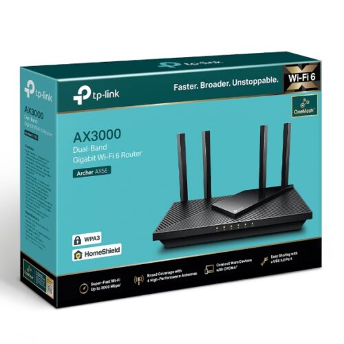 Archer AX55 Dwupasmowy, gigabitowy router Wi-Fi 6 AX3000 + 1 port USB 3.0