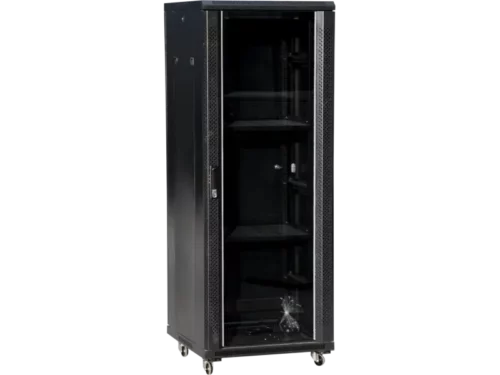 Szafa teleinformatyczna 19" 42U 600x600, drzwi przednie szklane, drzwi tylne stalowe pełne, zamek, 4 belki nośne, 4 regulowane stopki, do samodzielnego montażu, kolor czarny Q-LANTEC