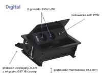 Digitel FLIP UP PUSH zestaw kaseta+listwa 3M, 2x230V + ład. USB A/C 20W, czarny