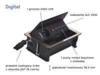 Digitel FLIP UP PUSH zestaw kaseta+listwa 3M, 1x230V + 1x pusty moduł + ład. USB A/C 20W, stal nierdzewna