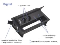 Digitel FLIP UP PUSH zestaw kaseta+listwa 4M, 2x230V + 2x pusty moduł, czarny