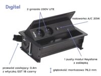 Digitel FLIP UP PUSH zestaw kaseta+listwa 4M, 2x230V + 1x pusty moduł + ład. USB A/C 20W, stal nierdzewna