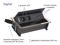 Digitel FLIP UP PUSH zestaw kaseta+listwa 4M, 2x230V + 2x pusty moduł, stal nierdzewna