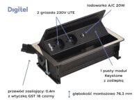 Digitel FLIP UP PUSH zestaw kaseta+listwa 4M, 2x230V + 1x pusty moduł + ład. USB A/C 20W, stal nierdzewna