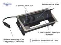 Digitel FLIP UP PUSH zestaw kaseta+listwa 5M, 2x230V + 2x pusty moduł + ład. USB A/C 20W, stal nierdzewna