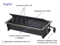 Digitel FLIP UP PUSH zestaw kaseta+listwa 6M, 3x230V + 2x pusty moduł + ład. USB A/C 20W, stal nierdzewna