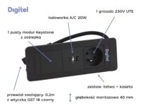Digitel SLIM FRAME zestaw kaseta+listwa 3M, 1x230V + 1x pusty moduł + ład. USB A/C 20W, czarny