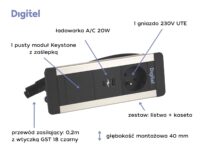 Digitel SLIM FRAME zestaw kaseta+listwa 3M, 1x230V + 1x pusty moduł + ład. USB A/C 20W, czarny/aluminium