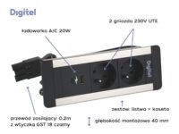 Digitel SLIM FRAME zestaw kaseta+listwa 3M, 2x230V + ład. USB A/C 20W, czarny/aluminium