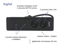 Digitel SLIM FRAME zestaw kaseta+listwa 4M, 2x230V + 2x pusty moduł, czarny