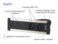 Digitel SLIM FRAME zestaw kaseta+listwa 4M, 2x230V + 2x pusty moduł, czarny/aluminium