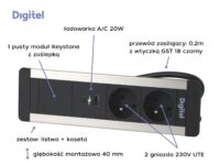 Digitel SLIM FRAME zestaw kaseta+listwa 4M, 2x230V + 1x pusty moduł + ład. USB A/C 20W, czarny/aluminium