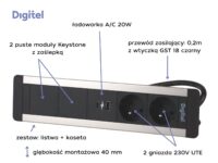 Digitel SLIM FRAME zestaw kaseta+listwa 5M, 2x230V + 2x pusty moduł + ład. USB A/C 20W, czarny/aluminium