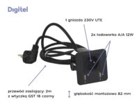 Digitel SOURCE mediaport, 1x230V + ład. USB A/A 12W, kabel 2m, czarny
