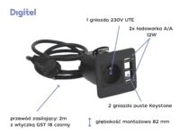 Digitel SOURCE mediaport, 1x230V + ład. USB A/A 12W + 2x pusty moduł keystone, kabel 2m, czarny