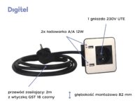 Digitel SOURCE mediaport, 1x230V + ład. USB A/A 12W, kabel 2m, stal nierdzewna