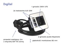 Digitel SOURCE mediaport, 1x230V + ład. USB A/A 12W + 2x pusty moduł keystone, kabel 2m, stal nierdzewna