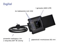 Digitel SOURCE COVER mediaport, 1x230V + ład. USB A/A 12W, kabel 2m, czarny