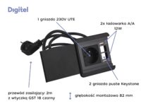 Digitel SOURCE COVER mediaport, 1x230V + ład. USB A/A 12W + 2x pusty moduł keystone, kabel 2m, czarny