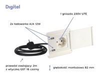 Digitel SOURCE COVER mediaport, 1x230V + ład. USB A/A 12W, kabel 2m, biały